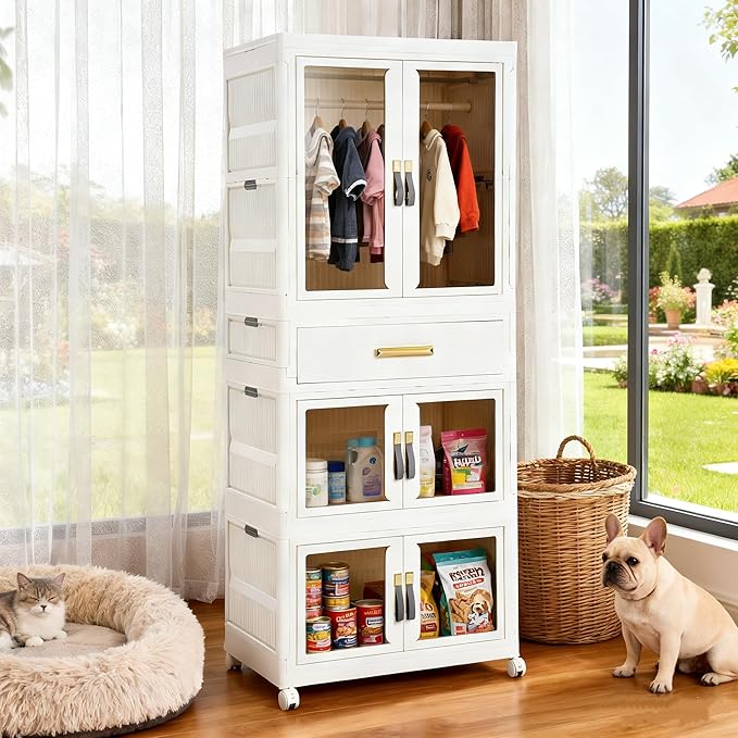 YHB Portable Storage Closet Cabinet, Easy Assembly Wardrobe Organizer with Visualization Doors, Drawers, Hanging Rods, Rolling Wheels for Pet Dog Clothes, Toys, etc for Thanksgiving & Christmas Day
