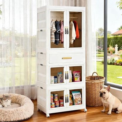 YHB Portable Storage Closet Cabinet, Easy Assembly Wardrobe Organizer with Visualization Doors, Drawers, Hanging Rods, Rolling Wheels for Pet Dog Clothes, Toys, etc for Thanksgiving & Christmas Day