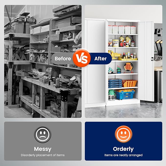 Yizosh Metal Garage Storage Cabinet with Lock, 71" Locking Tool Cabinet with 2 Doors and 5 Shelves, Heavy Duty for Garage, Office, School (White)