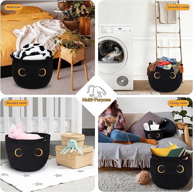 Cute Black Cat Round Basket - Cotton Rope Baskets Large Baby Laundry Blasket for Nursery, Woven Blanket Basket Hamper With Handle Toy Storage Basket for Gifts, Baby Shower 14 ×12 inchs 30.5L