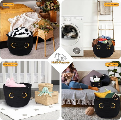 Cute Black Cat Round Basket - Cotton Rope Baskets Large Baby Laundry Blasket for Nursery, Woven Blanket Basket Hamper With Handle Toy Storage Basket for Gifts, Baby Shower 14 ×12 inchs 30.5L