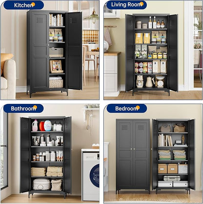 MIIIKO Storage Cabinet with Doors, Metal Pantry Cabinet, Tall Kitchen Storage Cupboard with 4 Shelves, Freestanding Cabinet for Laundry Room, Garage and Bathroom