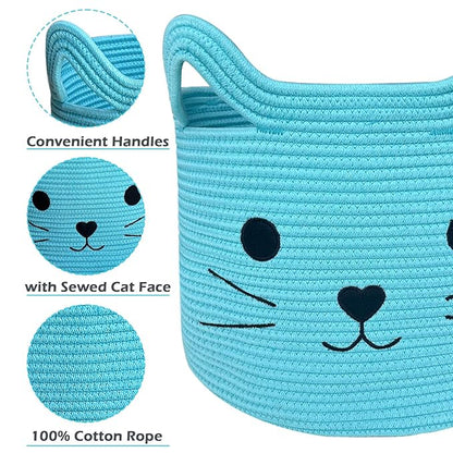 VK VK·LIVING Large Cat Toy Basket with Handles 15"Lx14"H Cotton Rope Toy Box with Cat Design, Cute Animal Basket for Laundry, Baby, Towels, Blankets, Woven Cotton Rope Storage Organizer Blue