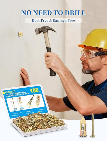 Upgraded 100 Pcs Self Drilling Drywall Anchors with Screws Kit, Zinc Plated Steel Sheetrock Anchors and Screws, No Drill Needed, Holds 66LB for TV, Shelf, Decor, Picture Frame Wall Mounting