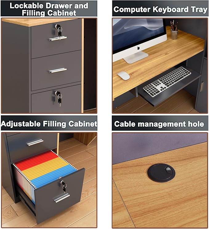 L-Shaped Reception Desk with Lockable Drawers, Adjustable File Cabinet & Keyboard Tray, Modern Front Counter for Office, Salon, or Lobby