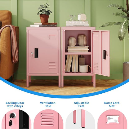 24.4" H Metal Locker Storage Cabinet with Adjustable Shelf, 1 Door Small Storage Cabinet with Adjustable Leveling Foot for Home,Office, Kids Locker,Assembly Required,Pink