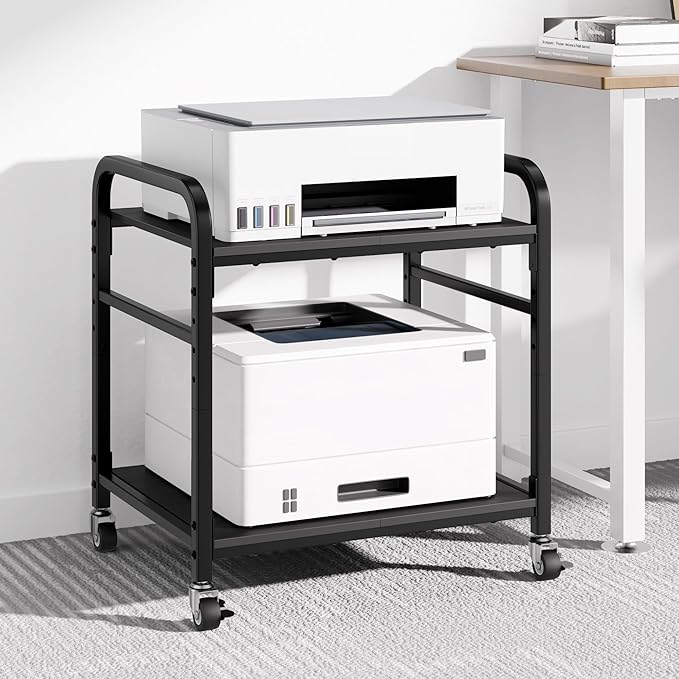niffgaff 2 Tier Under Desk Printer Stand with Storage, 22" Rolling Printer Cart with Lockable Wheels, Height Adjustable Shelf for Home Office, Black