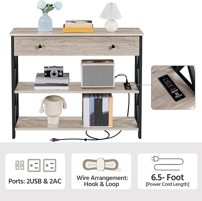 Yaheetech Console Table with Power Outlets and USB Ports, Wooden Entryway Table with Drawer and Open Shelves, Narrow Sofa Tables with Metal Frame for Living Room, Couch, Hallway, Grey