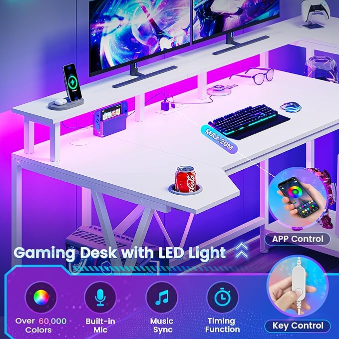 SEDETA White Gaming Desk 55'' with LED Lights and Storage Shelves, Computer Desk with Monitor Stand, Power Outlets and Cup Holder, Large PC Gamer Desk, Gaming Table for Bedroom, Living Room