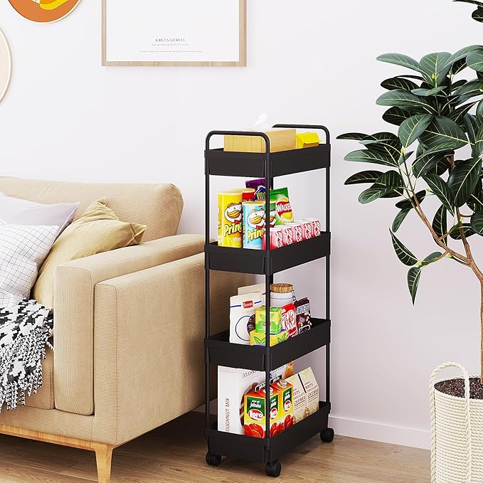 Buzowruil Rolling Storage Cart 4 Tier Organizer Mobile Shelving Unit Storage Rolling Utility Cart with Wheels for Kitchen Bathroom Laundry,Black