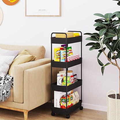 Buzowruil Rolling Storage Cart 4 Tier Organizer Mobile Shelving Unit Storage Rolling Utility Cart with Wheels for Kitchen Bathroom Laundry,Black
