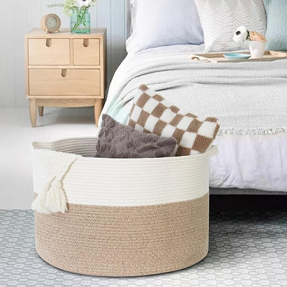 Large Rope Storage Basket, 22" X 22" X 14" Extra Large Woven Baskets for Storage, Cotton Rope Basket for Blankets Toys, Wicker Storage Baskets for Organizing, Wicker Laundry Basket Hamper