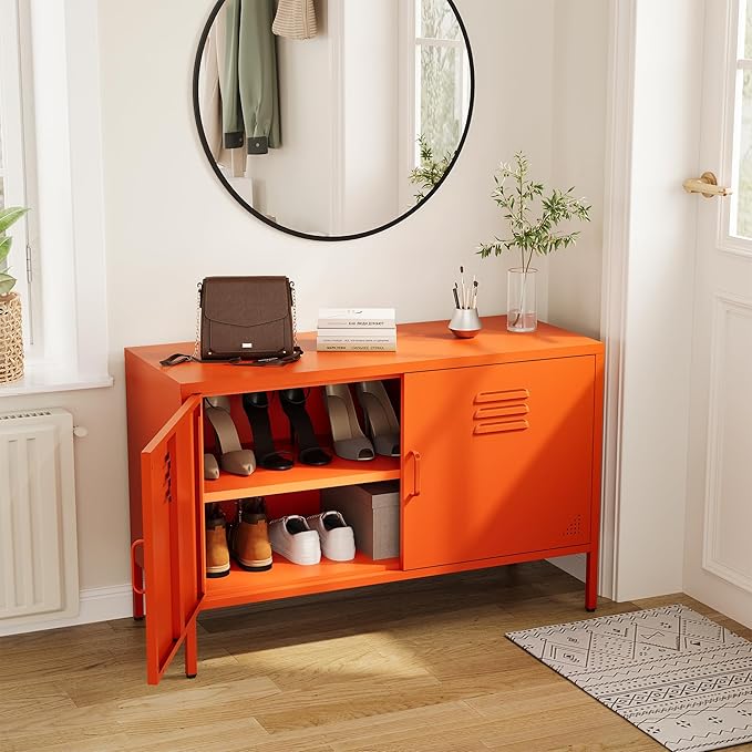 Orange Metal Storage Cabinet with 2 Doors and Adjustable Shelves, Multipurpose Metal Locker Accent Cabinet, 25" H TV Stand, Media Cabinet for Home, Office, Living Room,Kitchen, Music Studio