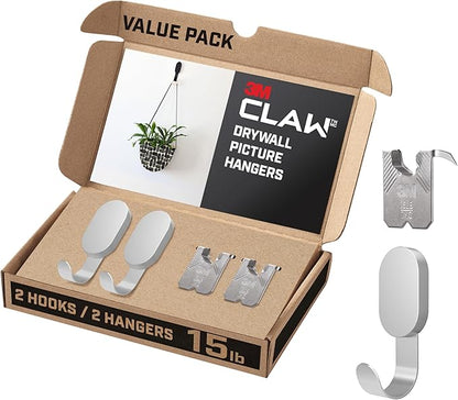 3M CLAW 15 lb. 2 Drywall Silver Hooks & 2 Extra Picture Hangers, Heavyweight Hanging Solution for Backpacks, Jackets, Pictures and Room Decor, Cute Wall Hooks - 4 Pack