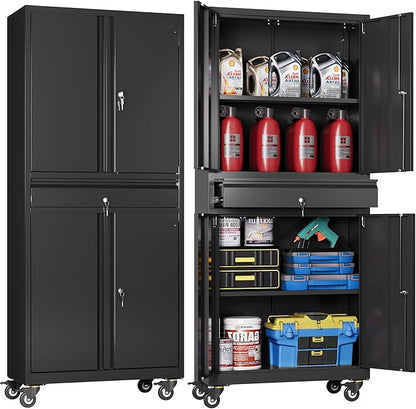 DEVAISE Metal Garage Storage Cabinet with Locking Doors and Drawer,71" Tool Cabinet with Adjustable Shelves & Wheels, 71" Steel Cabinet for Garage, Warehouse (Black)