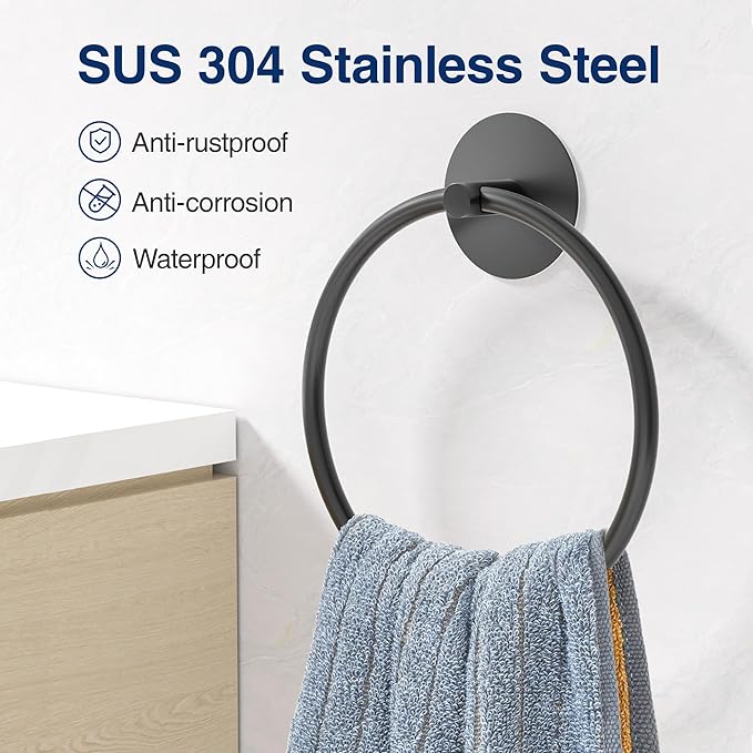 Matte Black Bathroom Towel Ring - SUS304 Stainless Steel Bathroom Towel Rack, Susswiff Adhesive Wall Mounted Hand Towels Holder, Towel Hanger for Bathroom Organizer, Kitchen Storage