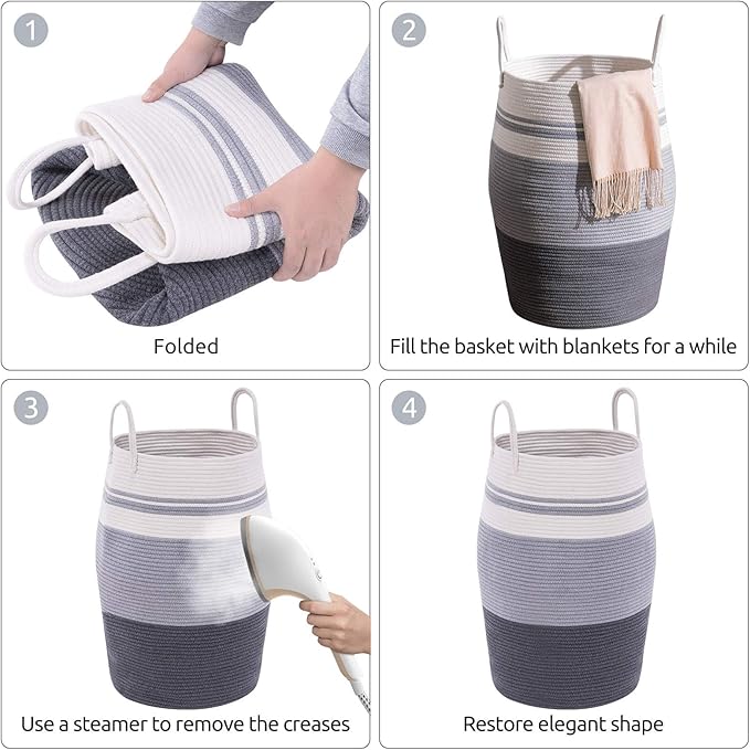 Cotton Rope Laundry Hamper by YOUDENOVA, 105L - Woven Collapsible Laundry Basket - Clothes Storage Basket for Blankets organizing, Bedroom Storage, Clothes Hamper – Grey