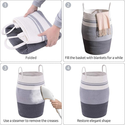 Cotton Rope Laundry Hamper by YOUDENOVA, 105L - Woven Collapsible Laundry Basket - Clothes Storage Basket for Blankets organizing, Bedroom Storage, Clothes Hamper – Grey