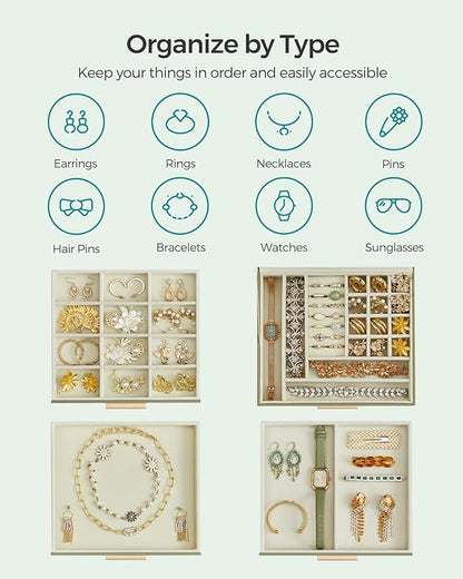 SONGMICS GISELLA Collection - Jewelry Box Organizer, 4-Layer Jewelry Storage with 3 Drawers, Shiny Metal Hardware, Glass Lid, Modern, 8 x 9.1 x 6.5 Inches, Avocado Green and Gold Color UJBC173C02