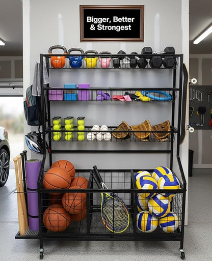 AMPLY Sports Equipment Organizer, Rolling Sports Ball Storage Garage Rack with Large Ball Bins, Side Bat Grid and Multi-Tier Shelves, Steel Rust-Resistant Gear Cart for Families, Schools, Gyms