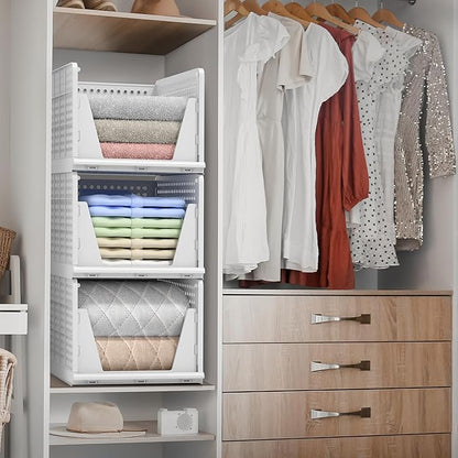 Sorbus 3 Pack Folding Closet Shelf Organizer for Clothes - Versatile Stackable Storage Baskets for Closet, Bathroom, Kitchen and Garage - Easy Access Open Front Design - Plastic Organizer Shelves