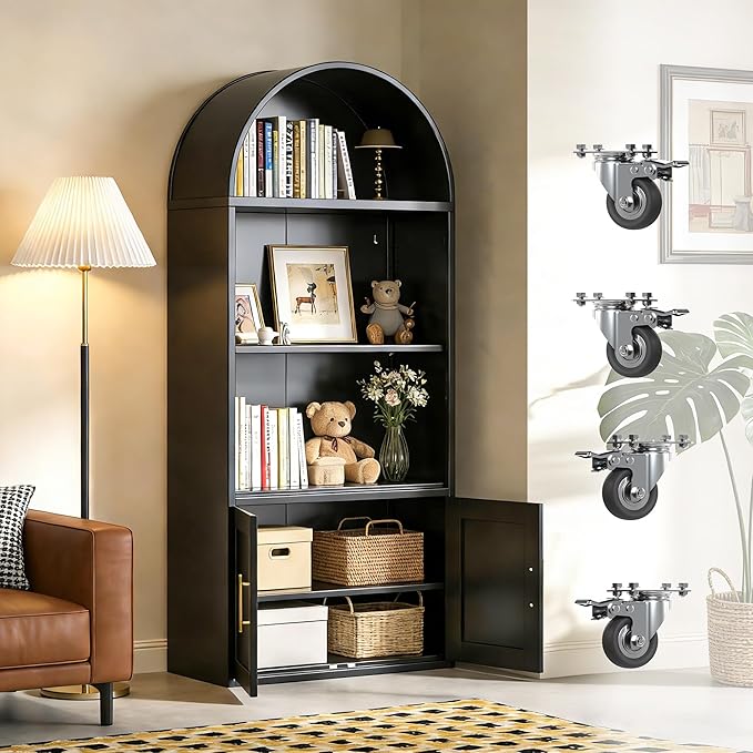 Metal Arched Bookcase with Wheels, Black Arched Bookshelf with 2 Adjustable Shelf for Home Office Living Room,Required Assembly