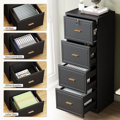 Tribesigns 4-Drawer File Cabinet with Lock, Locked File Cabinet with Key, Tall Wooden Filing Cabinets for Home Office, Vertical Office Storage for Legal Size/Letter/A4/Files, Black (2 Pieces)