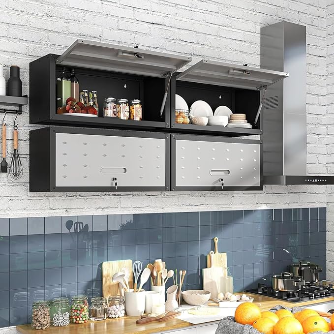 Metal Garage Wall Cabinet with Lock, Wall Mounted Metal Storage Cabinets with Flip-Up Doors, Lockable Floating Tool Storage for Garage Basement Utility Room