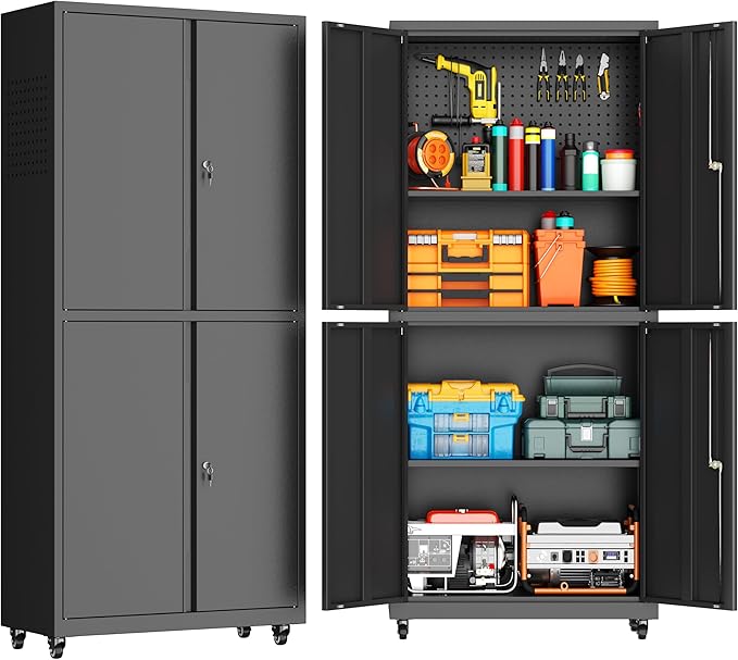 Garage Storage Cabinet with Wheels, Lockable Metal Storage Cabinet, 71''H Heavy Duty Garage Cabinet with Pegboard & 4 Doors for Utility Room Warehouse Home Office