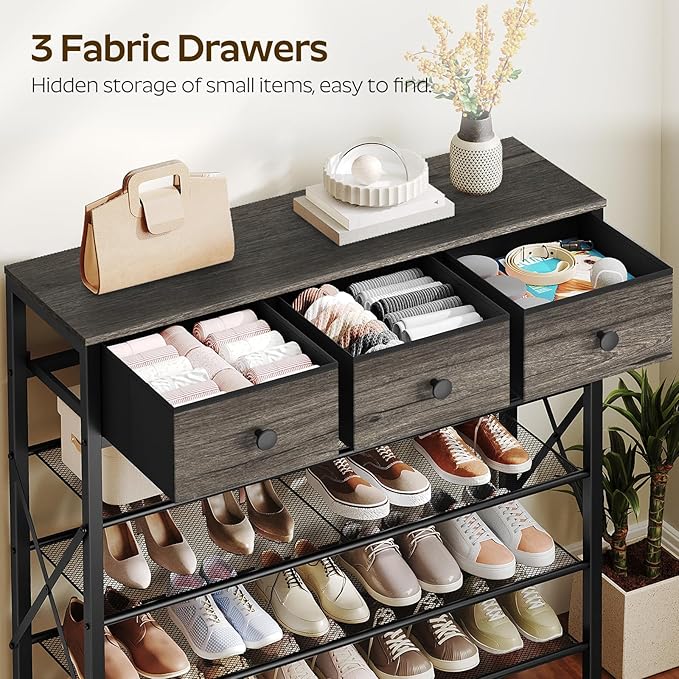 5-Tier Shoe Rack with 3 Drawers, Metal Shoe Organizer for 20 Pairs with Storage Shelves and Wooden Top, for Entryway, Hallway, Foyer, Closet, Charcoal and Black SS35BC