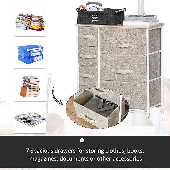 HOMCOM 7-Drawer Dresser Storage Tower Cabinet Organizer Unit, Easy Pull Fabric Bins with Metal Frame for Bedroom, Closets, Light Gray