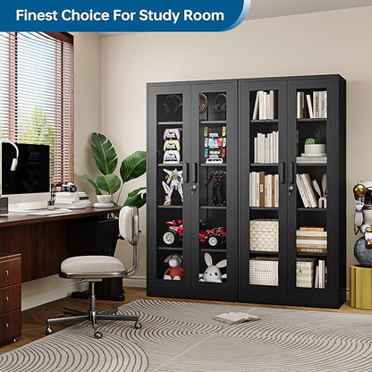 Display Cabinet with Glass Doors, 71 Inches Metal Display Case with 4 Adjustable Shelves, Curio Storage Cabinet with Lock for Home, Office, Book, Pantry, Assemble Required (Black)