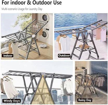 Heavy Duty Clothes Drying Rack Foldable - 71" Large Clothes Airer with Wheels, Extra-Thick Metal Laundry Dryer Stand, Free-Standing Design for Indoor & Outdoor Use