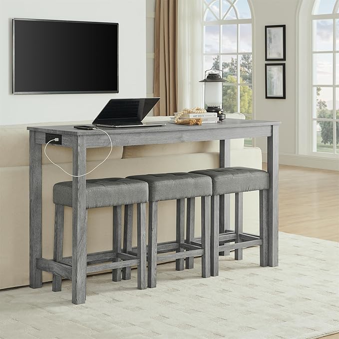 59" Power Outlet Mid Century Console Table, Slim Console Table with Solid Wood Frame, Long Narrow Console Tables for Living Room & Kitchen, Grey