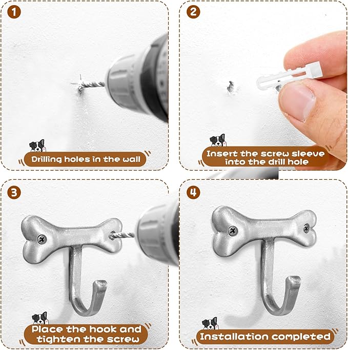 6PC Dog Bone Shaped Hooks Wall Mount Pet Leash Hook Cat Leash Holder for Wall Cute Coat Hooks Key Holder for Entryway Hallway Kitchen Office, Great Gift for Dog and Cat Lovers(Antique Silver)