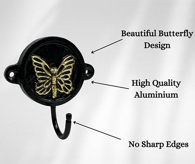 Aluminium Butterfly Print (1-Pack) Single Wall Hooks, Black Butterfly Themed Hooks for Hanging Leash-Wall Mount Hanger, Organization Decorative Wall Hook (Butterfly)