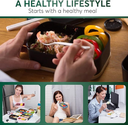 Umami Bento Box Adult All-In-1 w/4 Utensils, 2 Sauce Jars 2 Dividers, Bamboo Lid, 100% Leakproof, Microwave & Dishwasher Safe Stackable Bento Lunch Box Containers for Men/Women, Black Beige, 68 oz