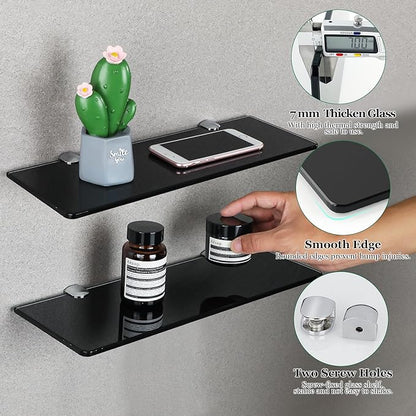 SAYAYO Floating Glass Shelves for Bathroom, 15 x 5 Inch Chrome Tempered Glass Shelf for Wall 1 Pack, Black