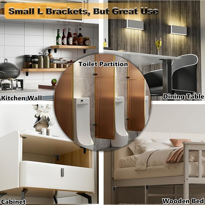 Alise 4Pcs Shelf Brackets Black, Stainless Steel Floating Shelf Brackets Corner Brackets, L Brackets for Shelves, 90 Degree Angle Bracket, Heavy Duty Shelf Brackets for Wood Furniture (2.56X2.56 in)