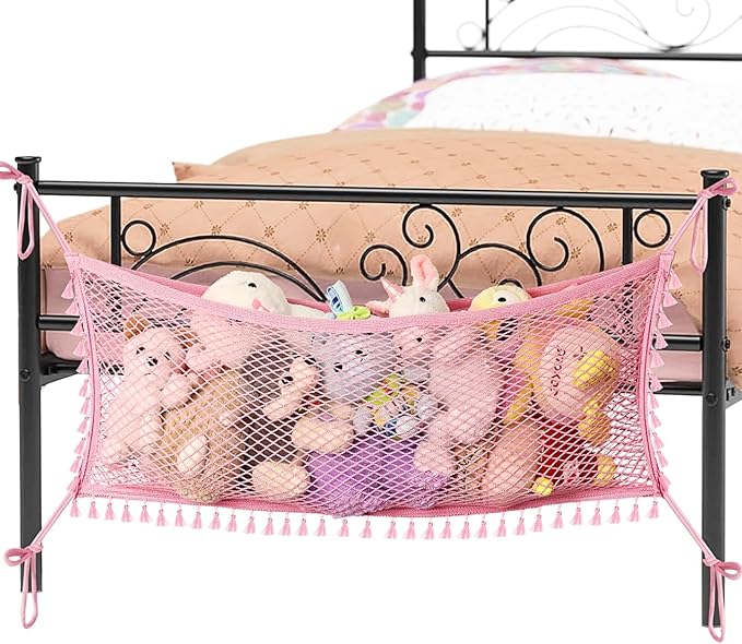 Ofiray-home Stuffed Animal Hammock, Bedside Stuffed Animal Storage Net Corner - Kids Nursery Wall Bedroom Home Decor, Cotton Bedside Toy Organizer Net with Tether, Stretches up to 36 In, Pink
