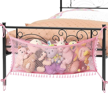 Ofiray-home Stuffed Animal Hammock, Bedside Stuffed Animal Storage Net Corner - Kids Nursery Wall Bedroom Home Decor, Cotton Bedside Toy Organizer Net with Tether, Stretches up to 36 In, Pink