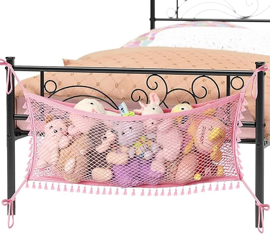 Ofiray-home Stuffed Animal Hammock, Bedside Stuffed Animal Storage Net Corner - Kids Nursery Wall Bedroom Home Decor, Cotton Bedside Toy Organizer Net with Tether, Stretches up to 36 In, Pink