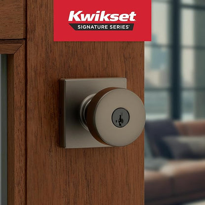 Kwikset Pismo Entry Door Knob with Lock and Key, Square Secure Keyed Handle Exterior Doorknob, Front Entrance and Bedroom, Gunmetal, Pick Resistant SmartKey Rekey Security