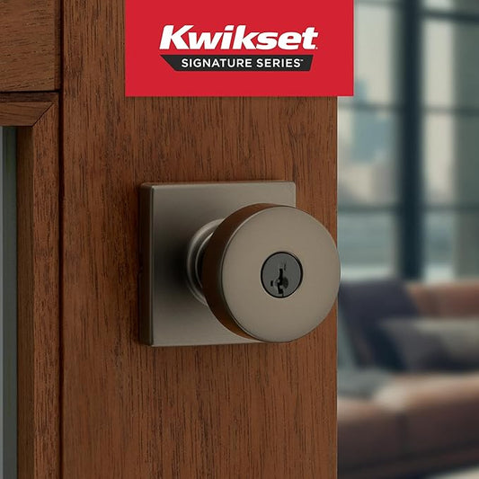 Kwikset Pismo Entry Door Knob with Lock and Key, Square Secure Keyed Handle Exterior Doorknob, Front Entrance and Bedroom, Gunmetal, Pick Resistant SmartKey Rekey Security