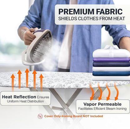 Ironing Board Cover and Pad 15"x54" Extra Thick Natural Cotton, Scorch and Stain Resistant Padding, Standard Size Iron Board Cover with Fasteners Heavy Duty Elastic Edge, Heatproof Rose
