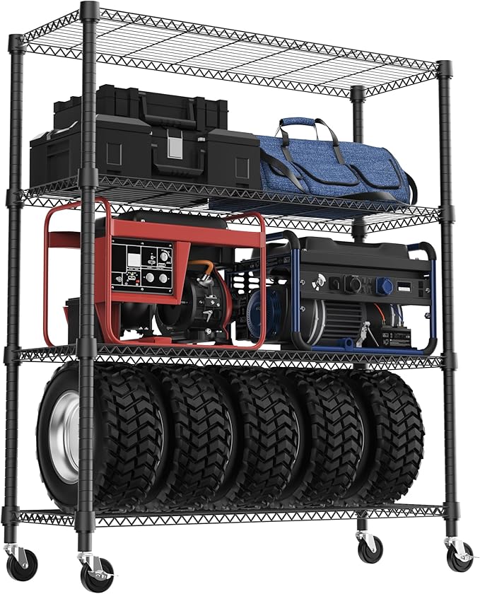 1400LBS 47.2" W 4 Tiers Storage Shelves Metal Shelving Unit with Wheels Heavy Duty Garage Shelving Adjustable Wire Shelves for Pantry,Kitchen,Garage,Basement,Black 17.7" D x 47.2" W x 62.7" H