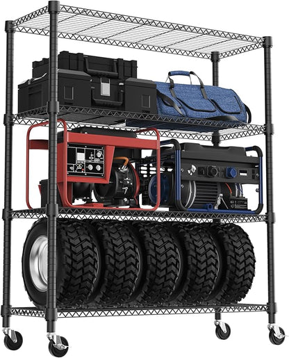 1400LBS 47.2" W 4 Tiers Storage Shelves Metal Shelving Unit with Wheels Heavy Duty Garage Shelving Adjustable Wire Shelves for Pantry,Kitchen,Garage,Basement,Black 17.7" D x 47.2" W x 62.7" H