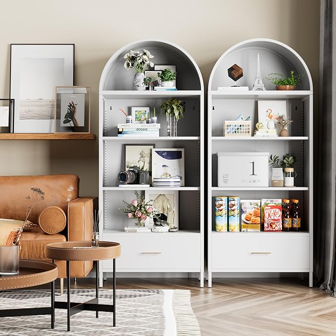 Metal White Arched Bookcase with 2 Adjustable Shelf, Arched Bookshelf with Drawer for Home Office Living Room,Required Assembly
