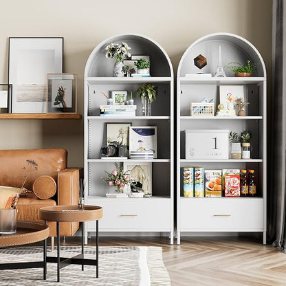 Metal White Arched Bookcase with 2 Adjustable Shelf, Arched Bookshelf with Drawer for Home Office Living Room,Required Assembly