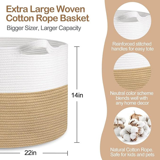 Extra Large Storage Basket, 22” x 22” x 14” Cotton Rope Bins for Storage, Wicker Baby Laundry Basket, Kids, Woven Kids Toy Bin Box, Decorative Baskets for Organizing Clothes, Towels, Blankets